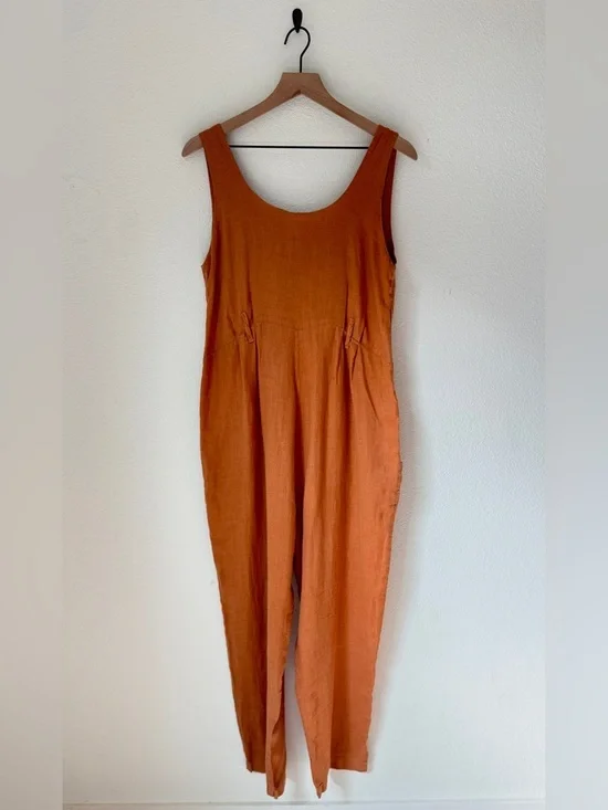 Sleeveless Rust Linen-Blend Jumpsuit with Pockets - Picture 3 of 6